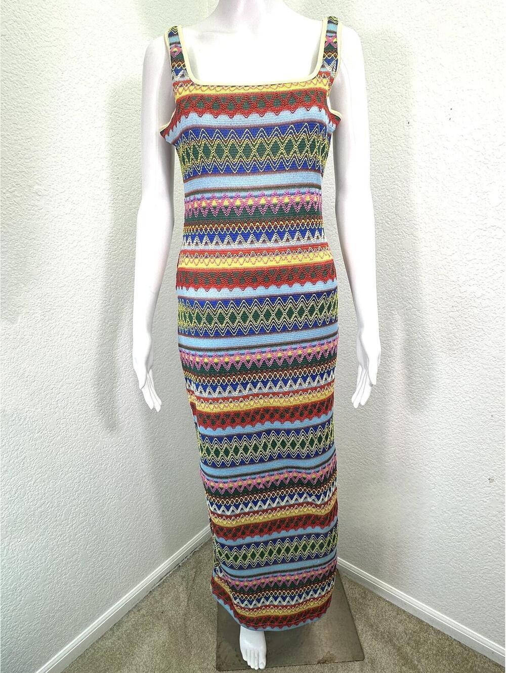 Sz S Sleeveless Knit Maxi Dress Summer Beachy Zig Zag Stitch